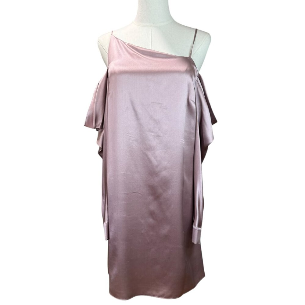 Parker 100% Silk Cold Shoulder Ruffle Shift Mini Dress Dusty Mauve Blush 6 | NWT